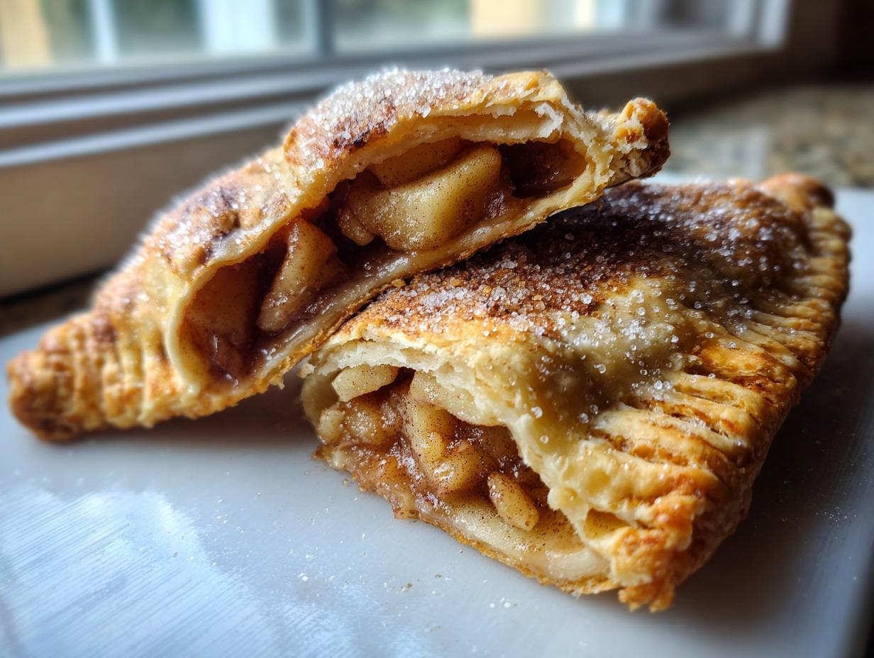 Close-up of flaky apple hand pies cut in half, showing warm apple filling and a cinnamon sugar crust.