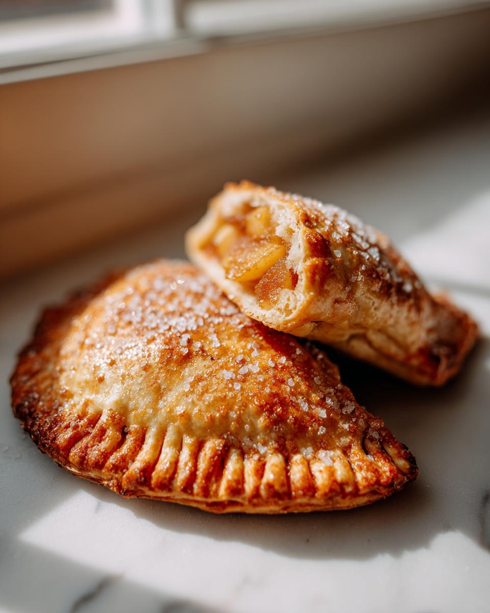 Two golden brown apple hand pies, one cut open to show the spiced apple filling, dusted with coarse sugar.