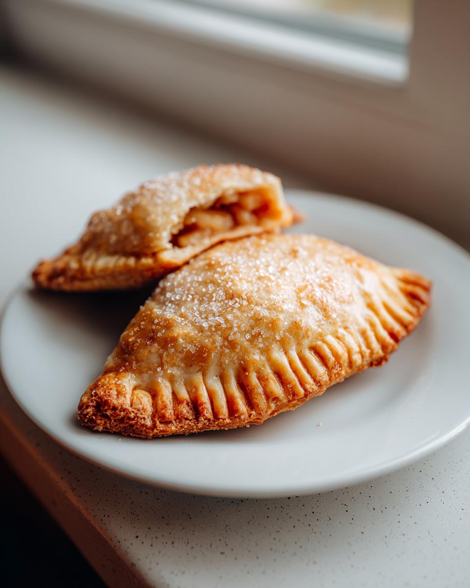 Two golden brown apple hand pies, one cut open showing the filling, sprinkled with coarse sugar.