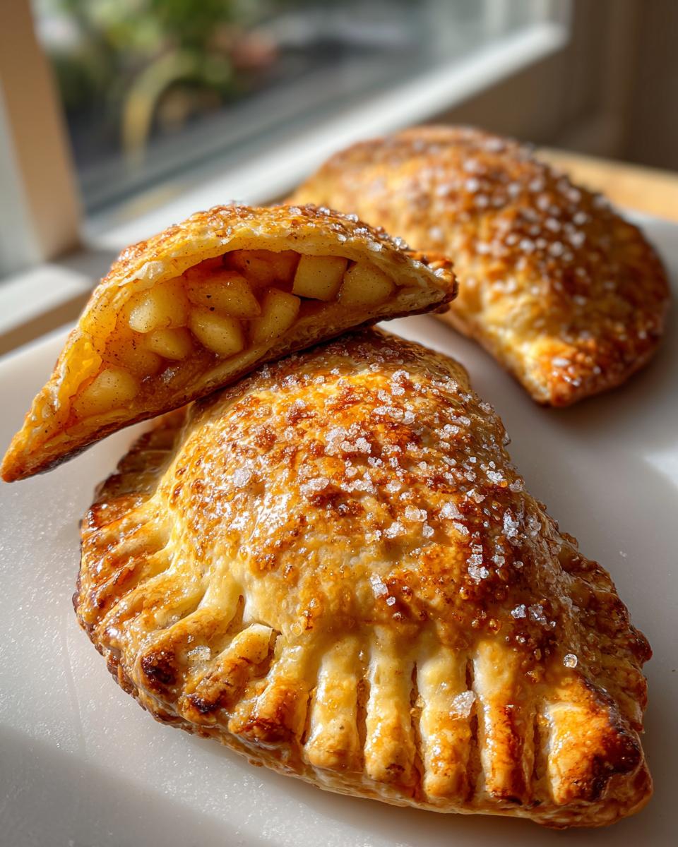 Close-up of flaky apple hand pies, one cut open to show spiced apple filling, topped with coarse sugar.