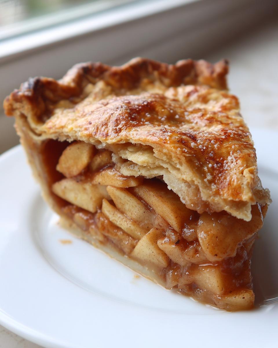Close-up of a thick slice of apple pie showing flaky crust and cinnamon-spiced apple filling.