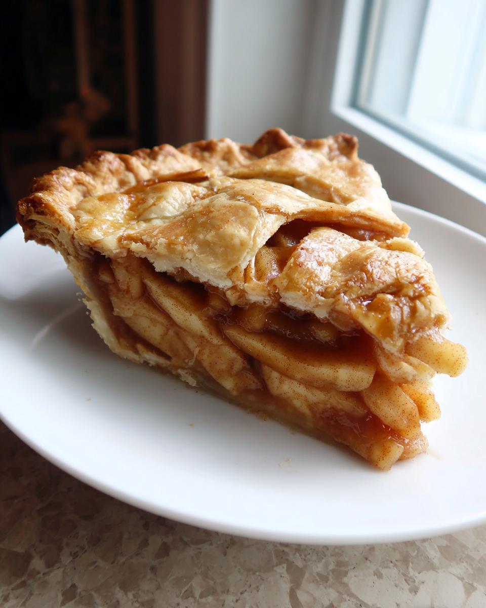 Close-up of a thick slice of apple pie showing flaky crust and layered, cinnamon-spiced apple filling.