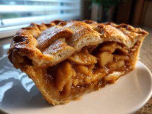 Close-up of a generous slice of homemade apple pie showing flaky crust layers and rich, spiced apple filling.