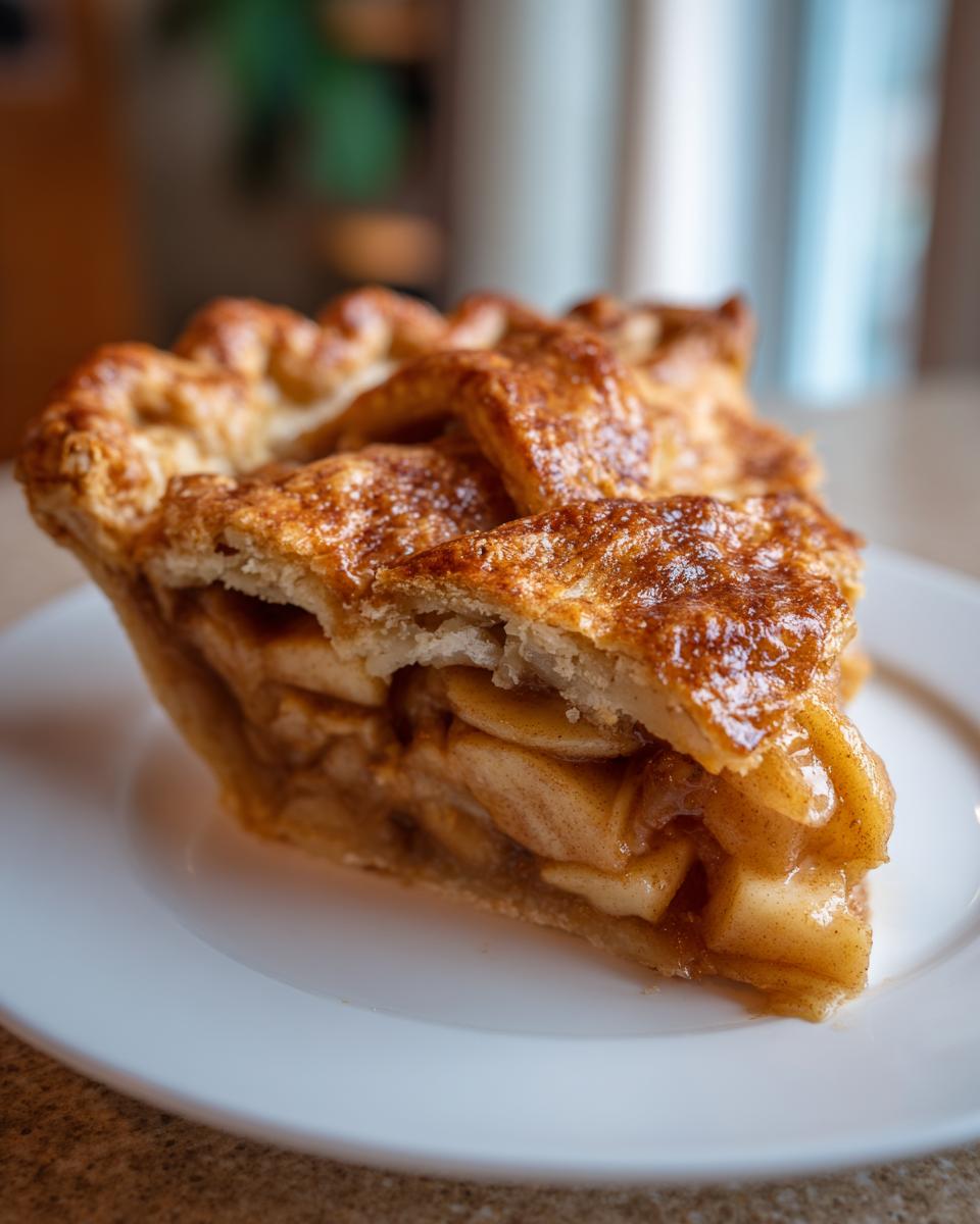 Close-up of a perfect slice of apple pie showing flaky lattice crust and thick apple filling.