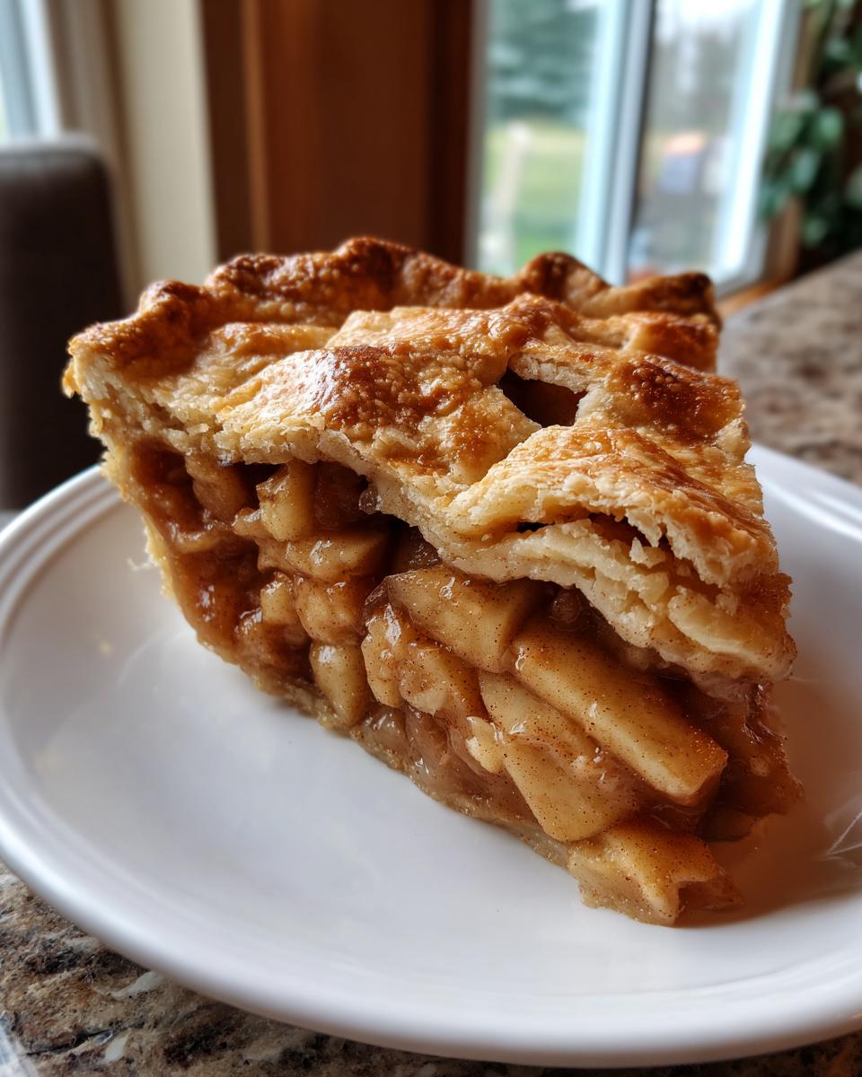 A close-up of a thick slice of apple pie showing flaky crust and cinnamon-spiced apple filling.