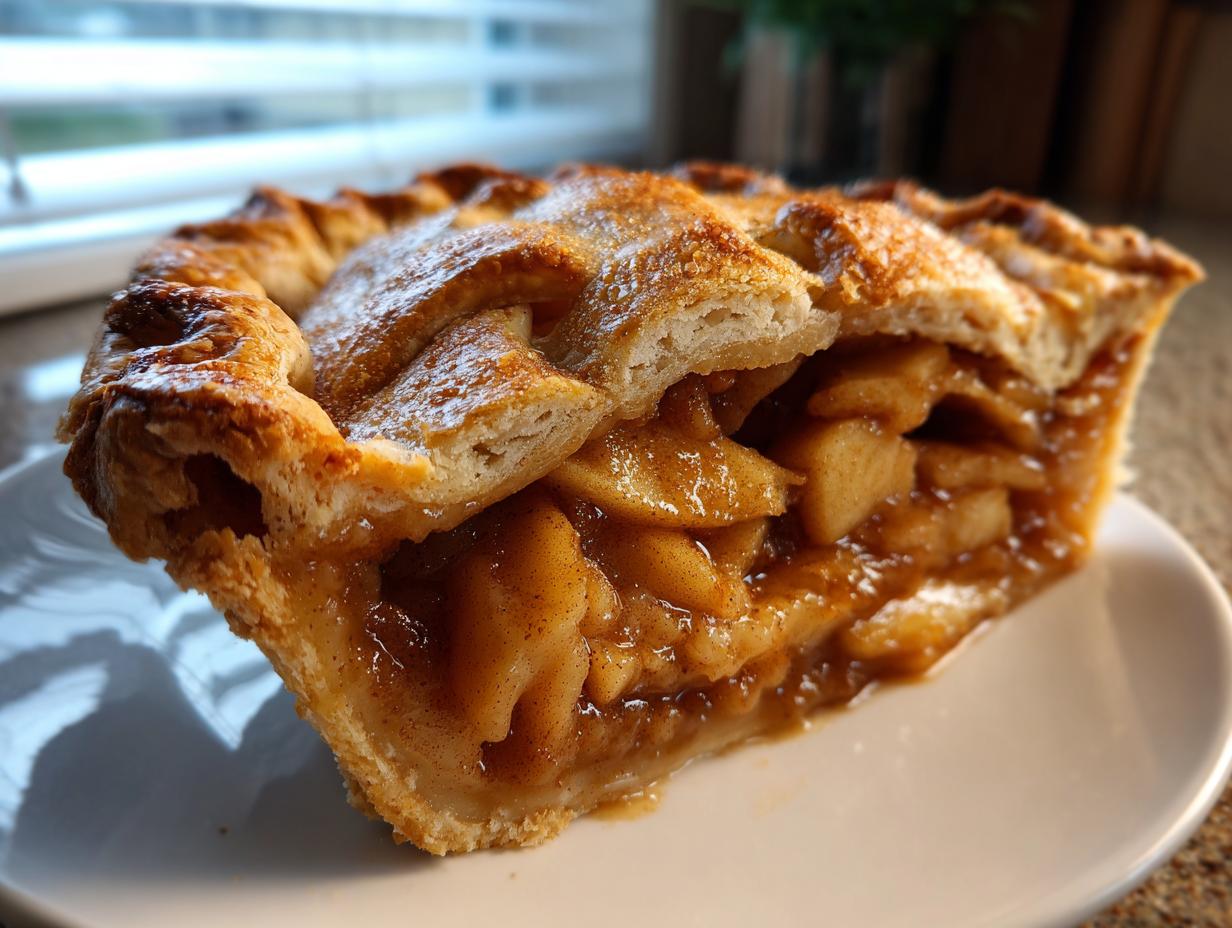 Close-up of a generous slice of homemade apple pie showing flaky crust layers and rich, spiced apple filling.