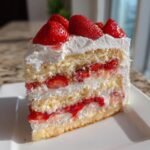 A tall slice of fluffy strawberry shortcake cake with layers of sponge, cream, and fresh strawberries.
