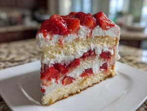 A tall, layered slice of strawberry shortcake cake featuring sponge cake, whipped cream, and fresh strawberries.
