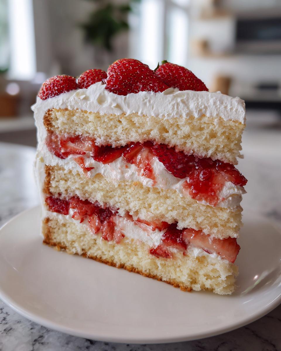 A tall slice of fluffy strawberry shortcake cake with layers of white cake, whipped cream, and macerated strawberries.