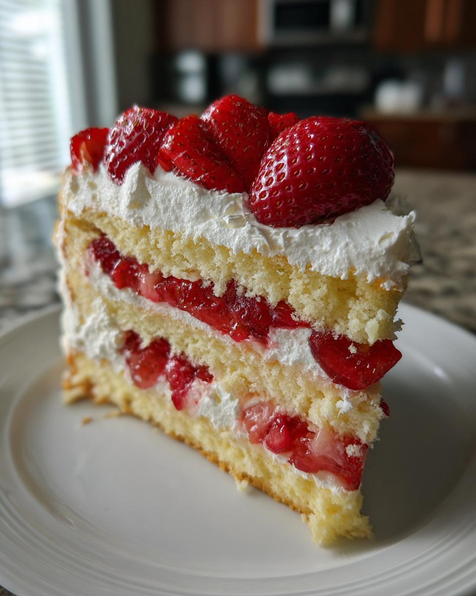 A tall slice of fluffy strawberry shortcake cake layered with cream and fresh strawberries on a white plate.