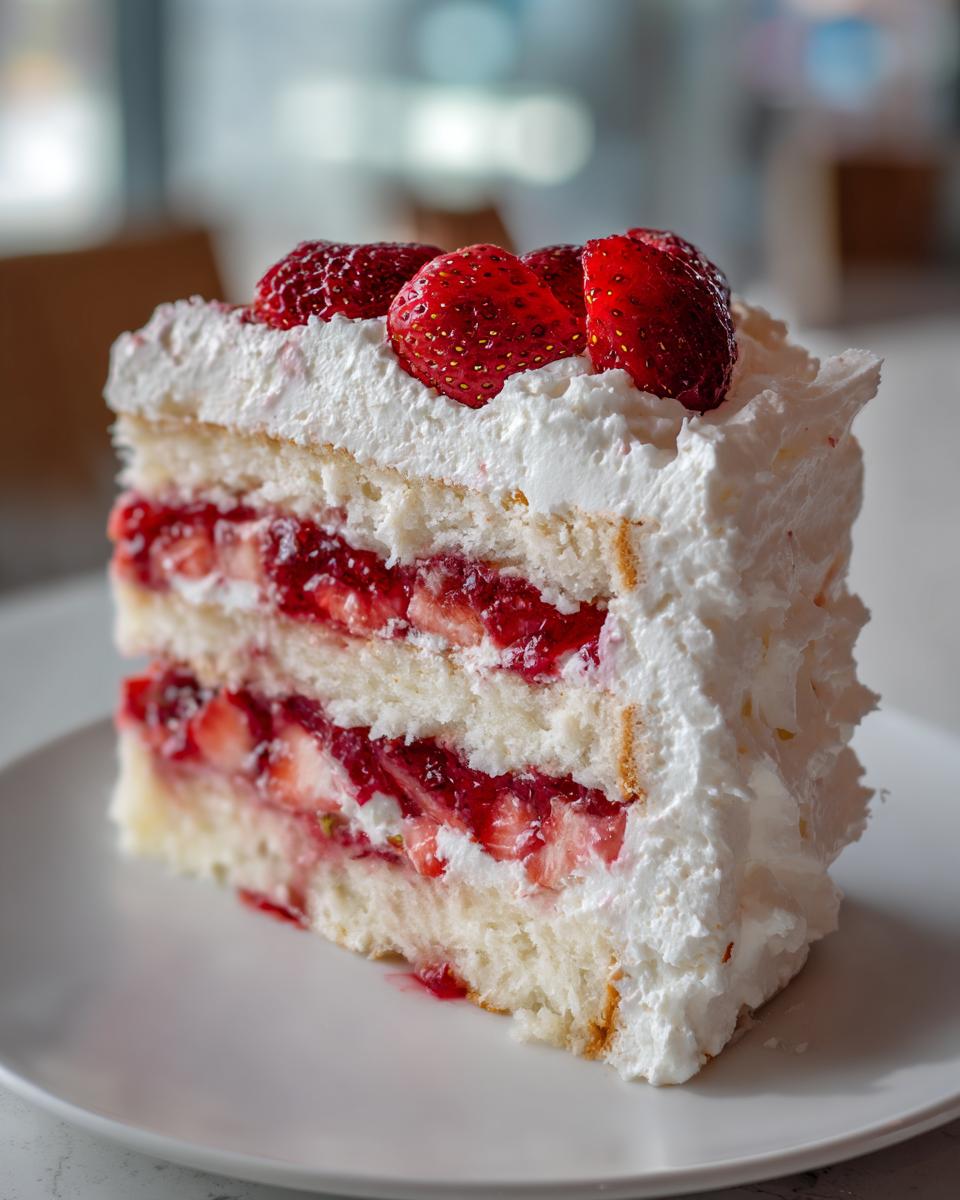 A tall, fluffy slice of strawberry shortcake cake layered with white cake, strawberry filling, and topped with whipped cream and fresh strawberries.