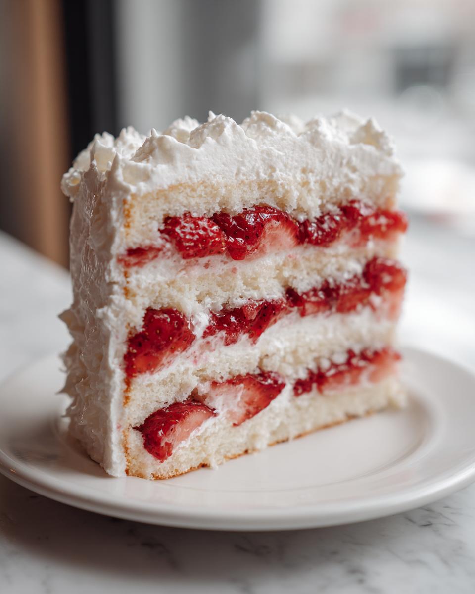 A tall, fluffy slice of strawberry shortcake cake layered with cream and fresh strawberries on a white plate.