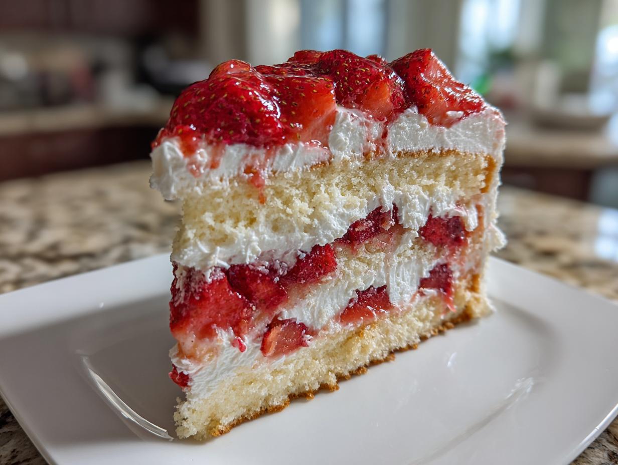 A tall, layered slice of strawberry shortcake cake featuring sponge cake, whipped cream, and fresh strawberries.