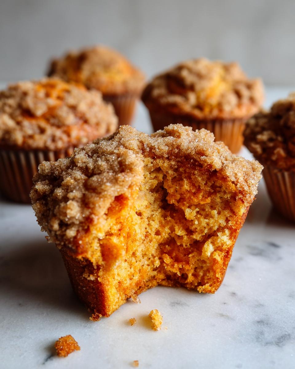 Close-up of a fluffy sweet potato muffins with a bite taken out, showing the texture and cinnamon sugar topping.