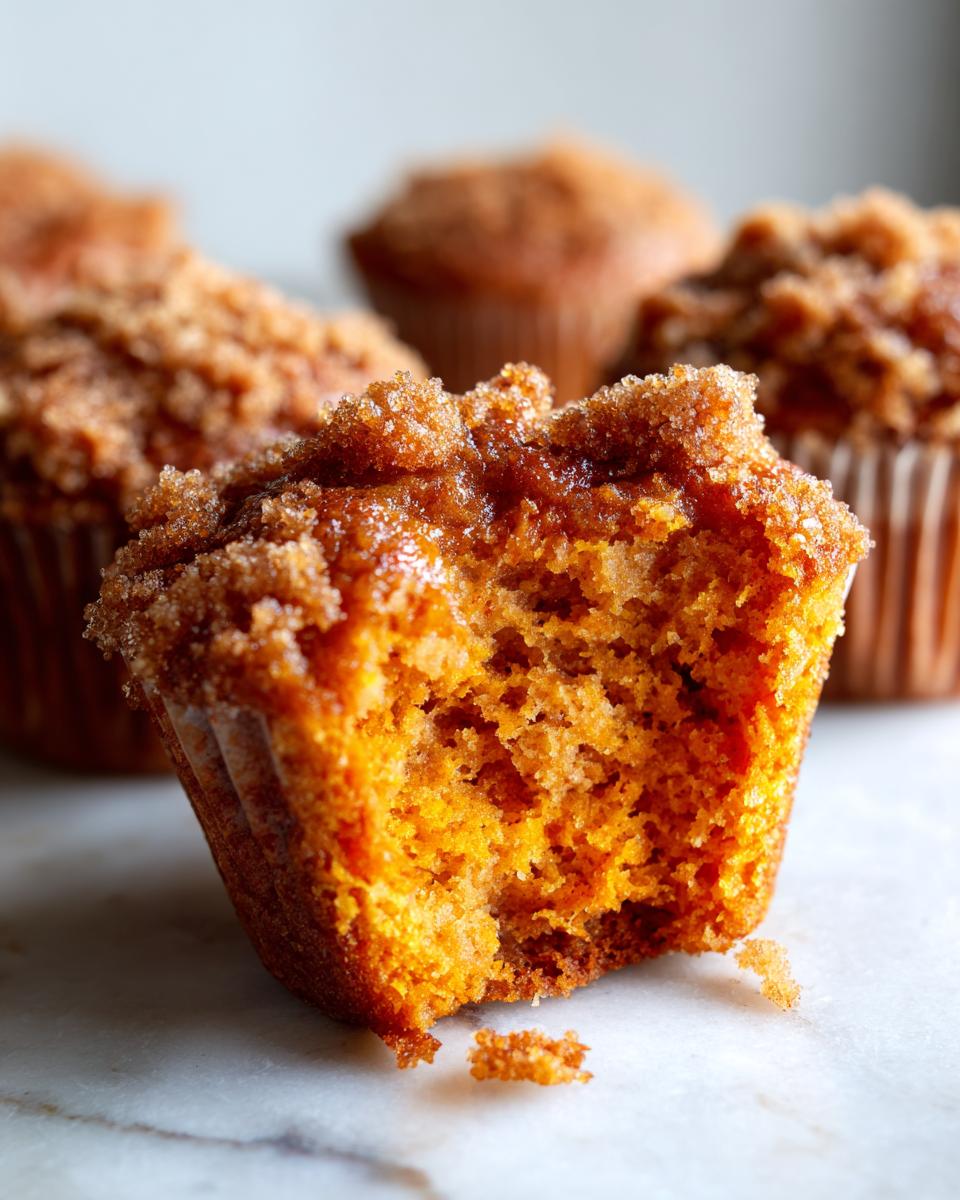 Close-up of a fluffy sweet potato muffins, showing the moist orange interior and sugary crumb topping.