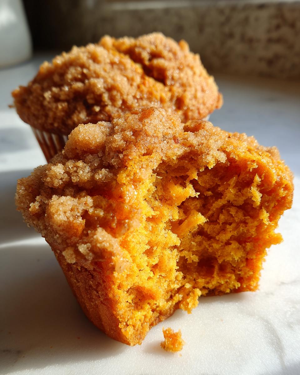 Close-up of a fluffy sweet potato muffins, broken open to show the moist orange interior and sugary crumb topping.