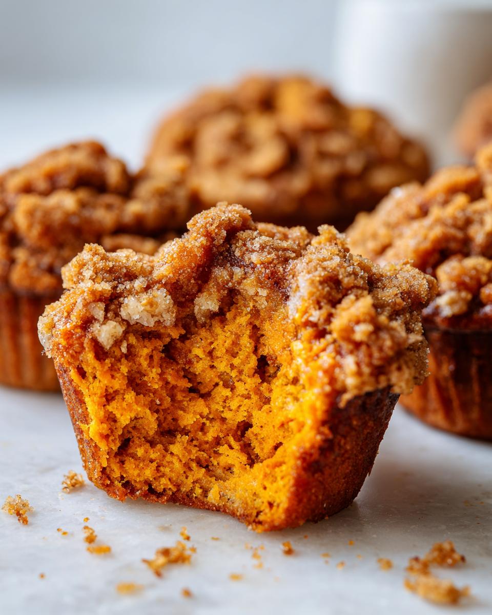 Close-up of a fluffy sweet potato muffin cut in half showing the bright orange interior and cinnamon streusel topping.