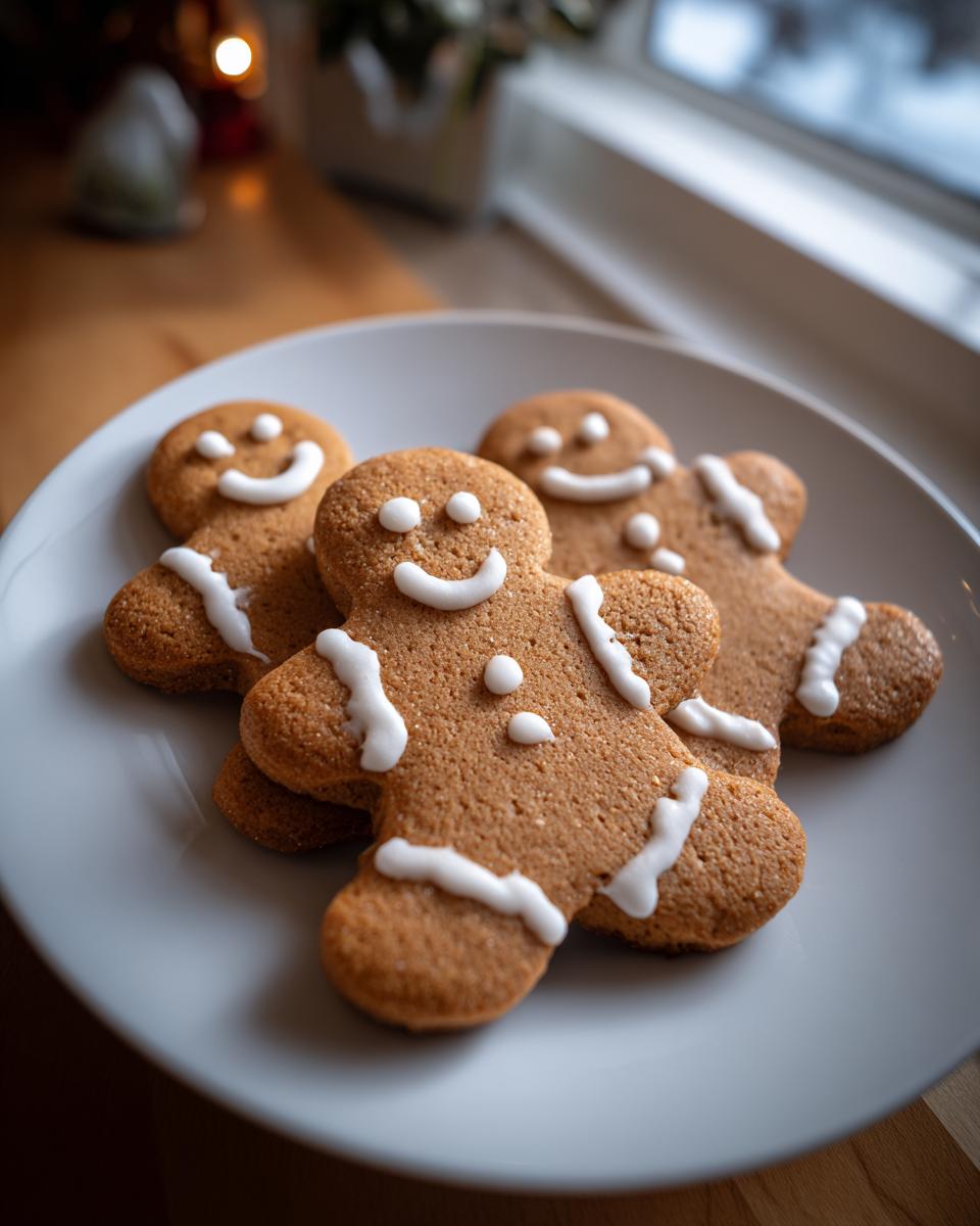 Close-up of three freshly baked gingerbread cookies decorated with simple white icing smiles and trim.