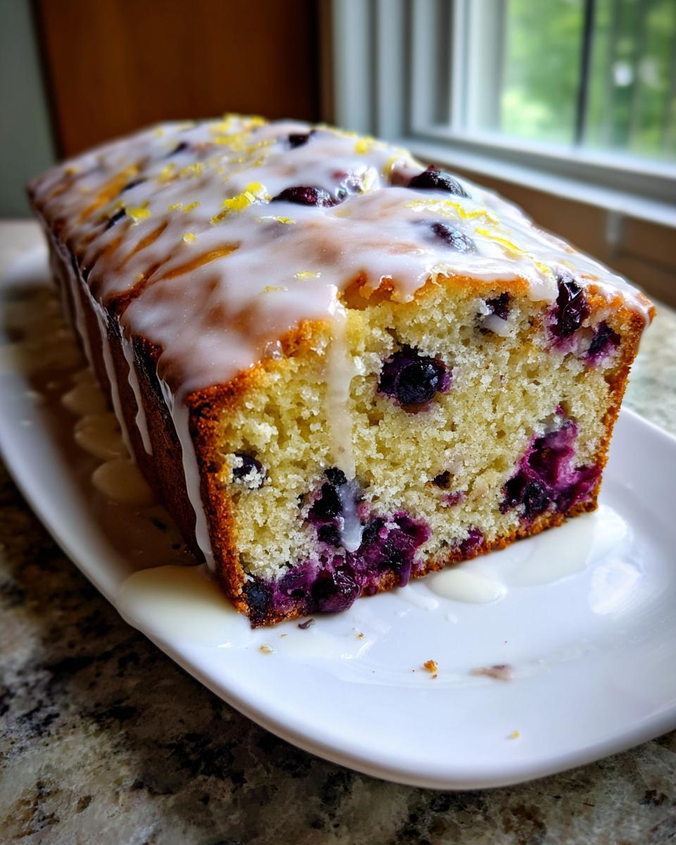 A moist loaf of blueberry zucchini bread topped with thick white glaze and lemon zest.