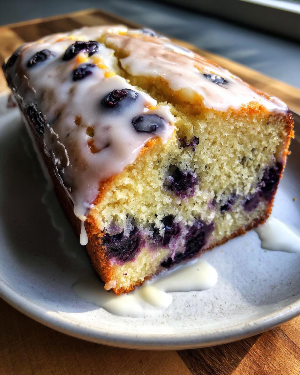 A close-up of a slice of moist blueberry zucchini bread topped with a thick white glaze.
