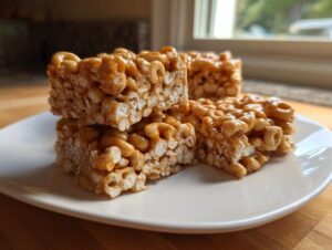 Four squares of sticky, caramel-colored cheerio bars stacked on a white plate.