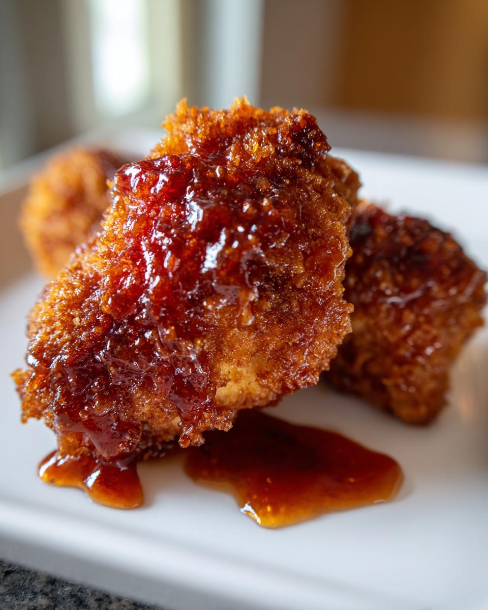 Close-up of crispy fried chicken pieces generously coated in a shiny, thick hot honey glaze.
