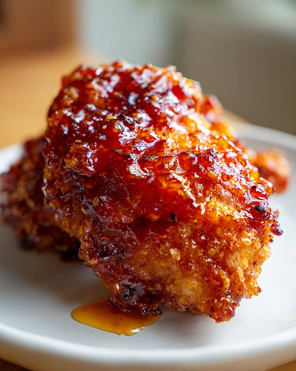 Close-up of crispy fried chicken generously coated in a thick, shiny hot honey glaze.