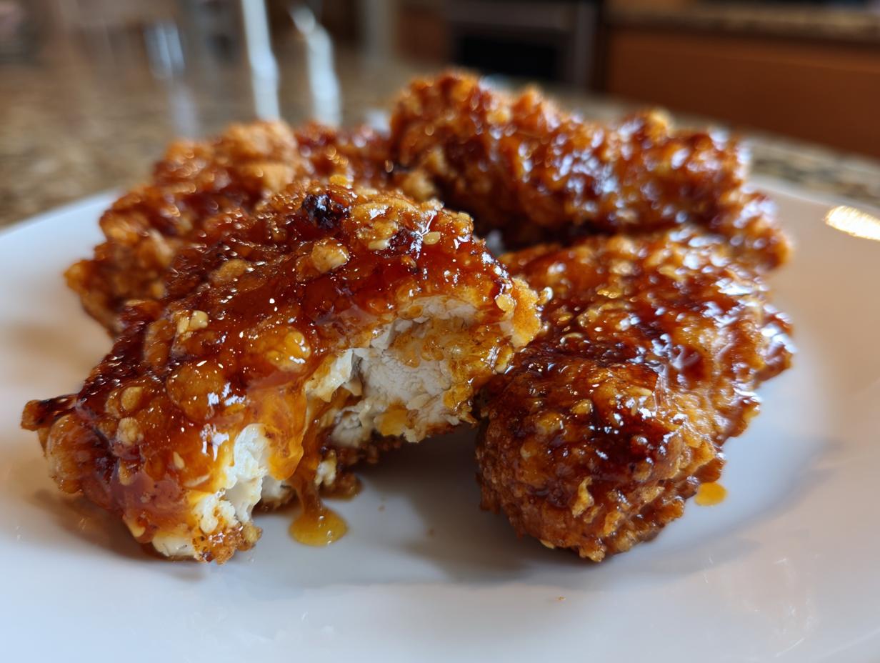 Close-up of crispy fried chicken tenders coated in a thick, glossy hot honey sauce, showing the white interior of one piece.