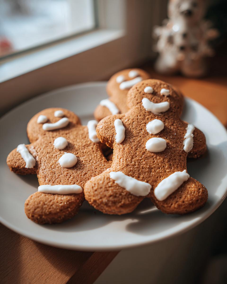Close-up of several freshly baked gingerbread cookies decorated with simple white icing smiles and buttons.
