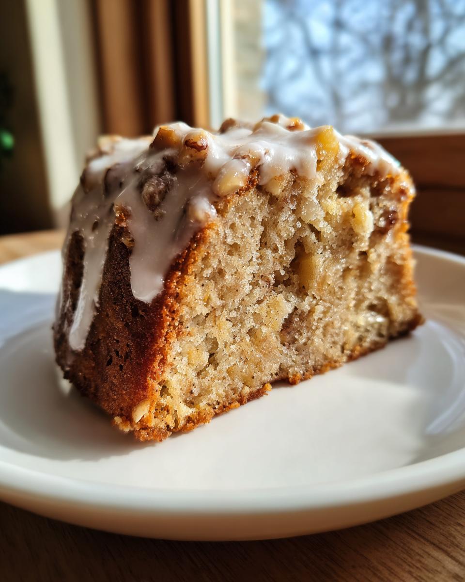 A close-up of a moist slice of jewish apple cake topped with white glaze and chopped walnuts.