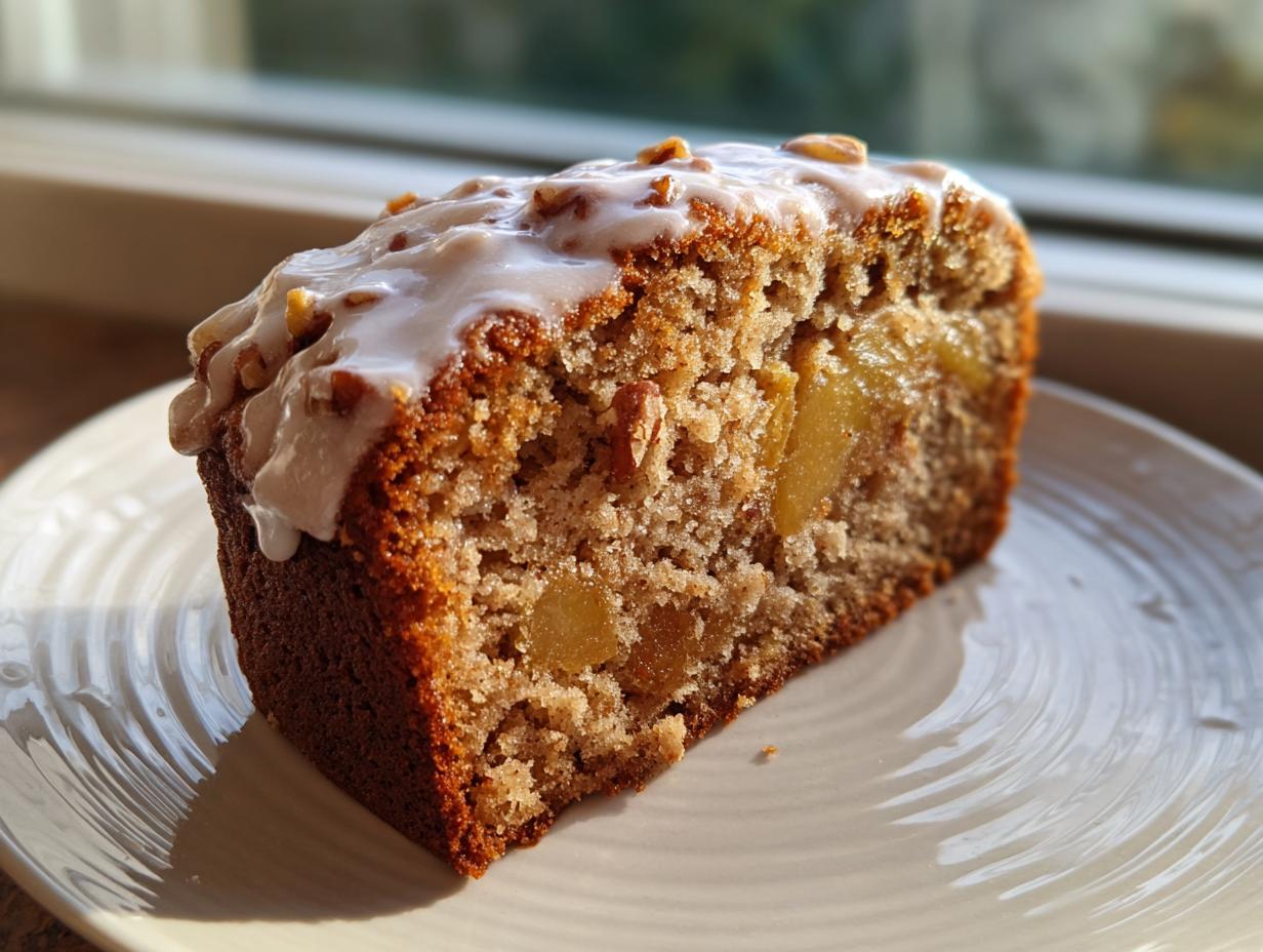 A moist slice of jewish apple cake featuring visible apple chunks and topped with a sweet white glaze and nuts.
