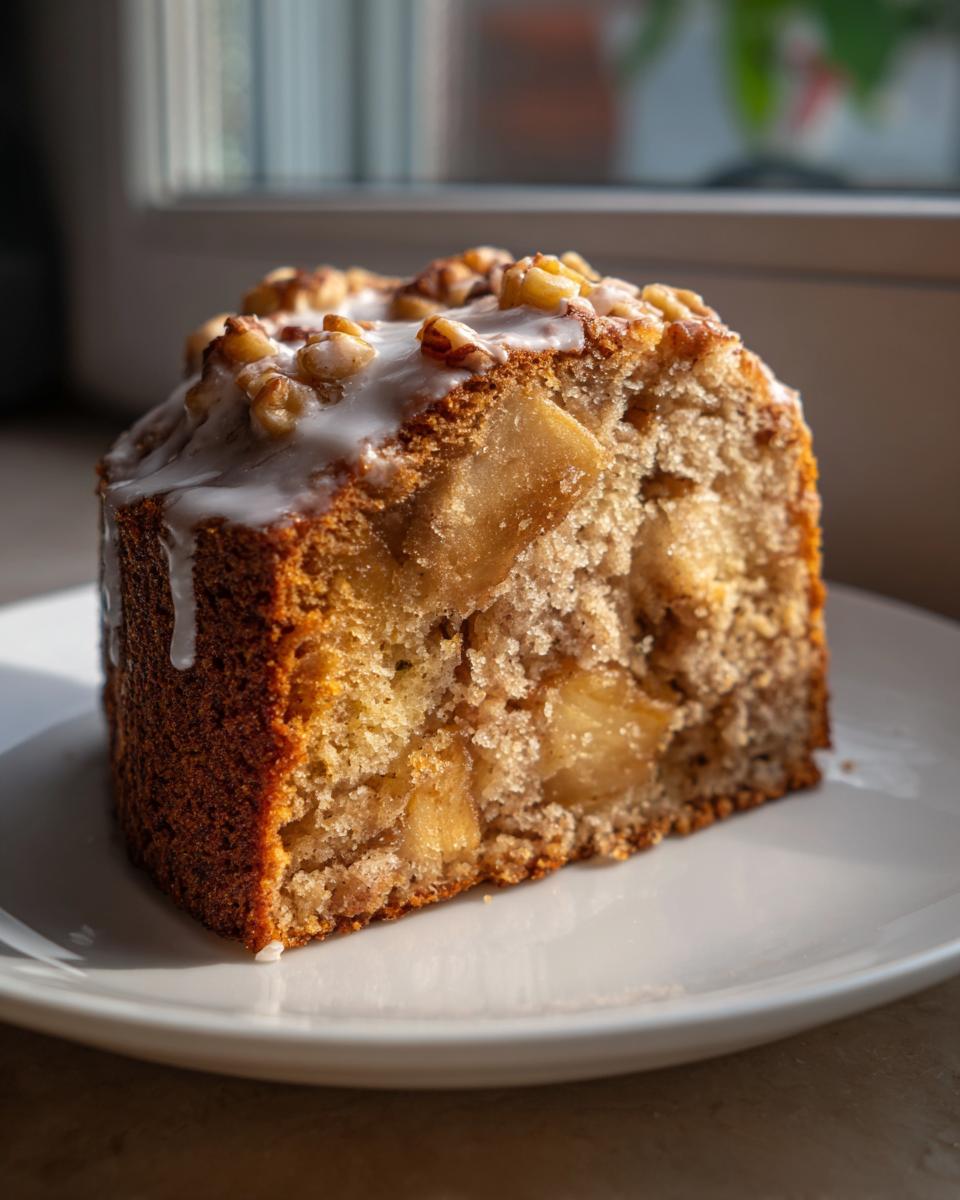 A close-up slice of jewish apple cake, showing chunks of apple, topped with white glaze and chopped walnuts.