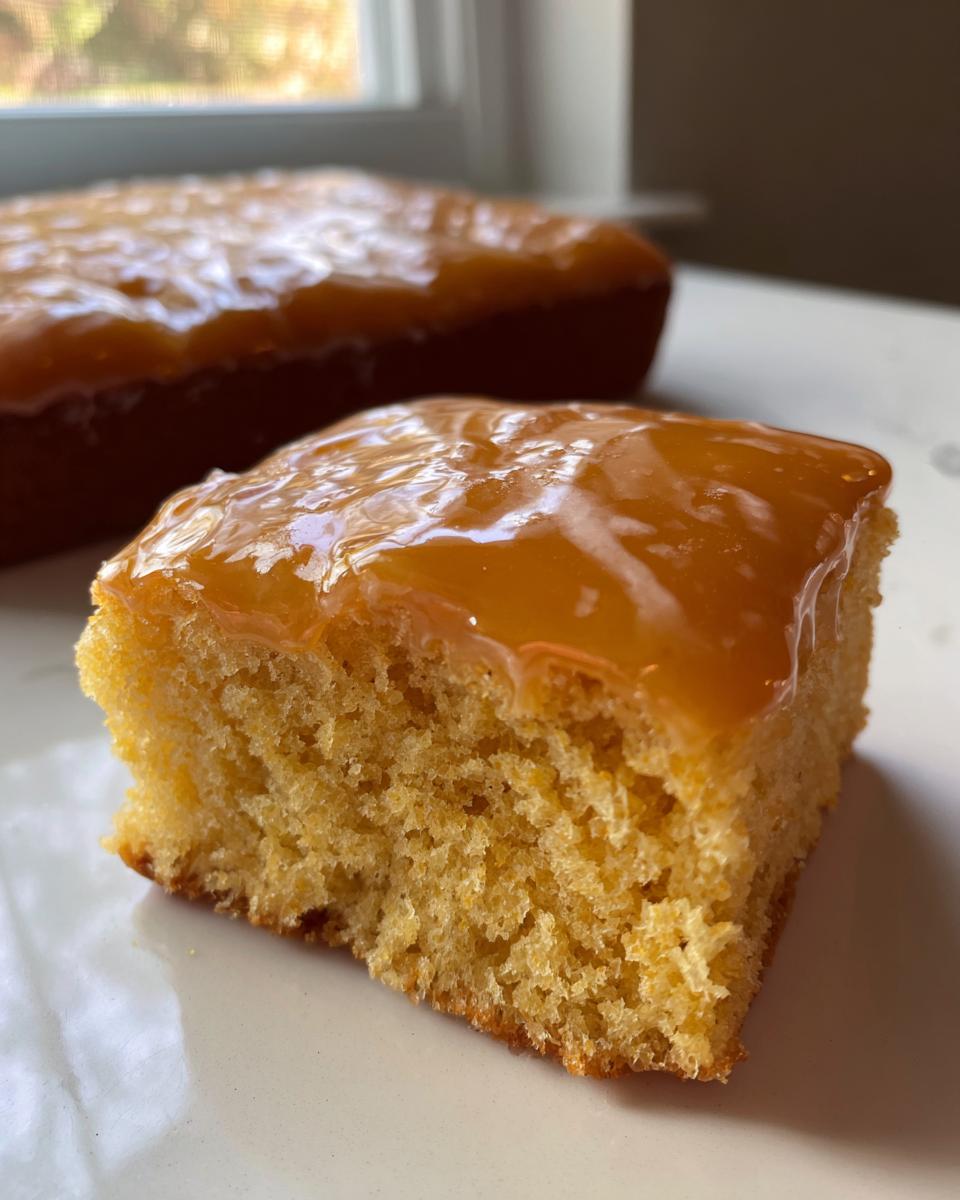 A close-up shot showing the soft, cakey texture of a maple donut bar topped with a thick, shiny maple glaze.