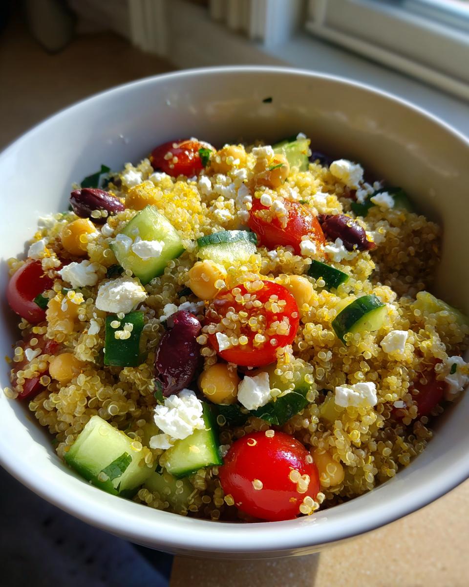 Close-up of a vibrant quinoa salad featuring chickpeas, cucumber, cherry tomatoes, feta, and olives.