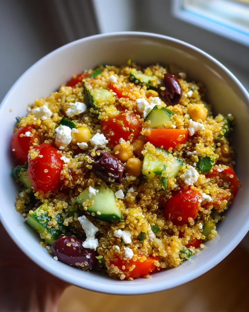 Close-up overhead view of a vibrant quinoa salad with tomatoes, cucumbers, feta, and olives in a white bowl.