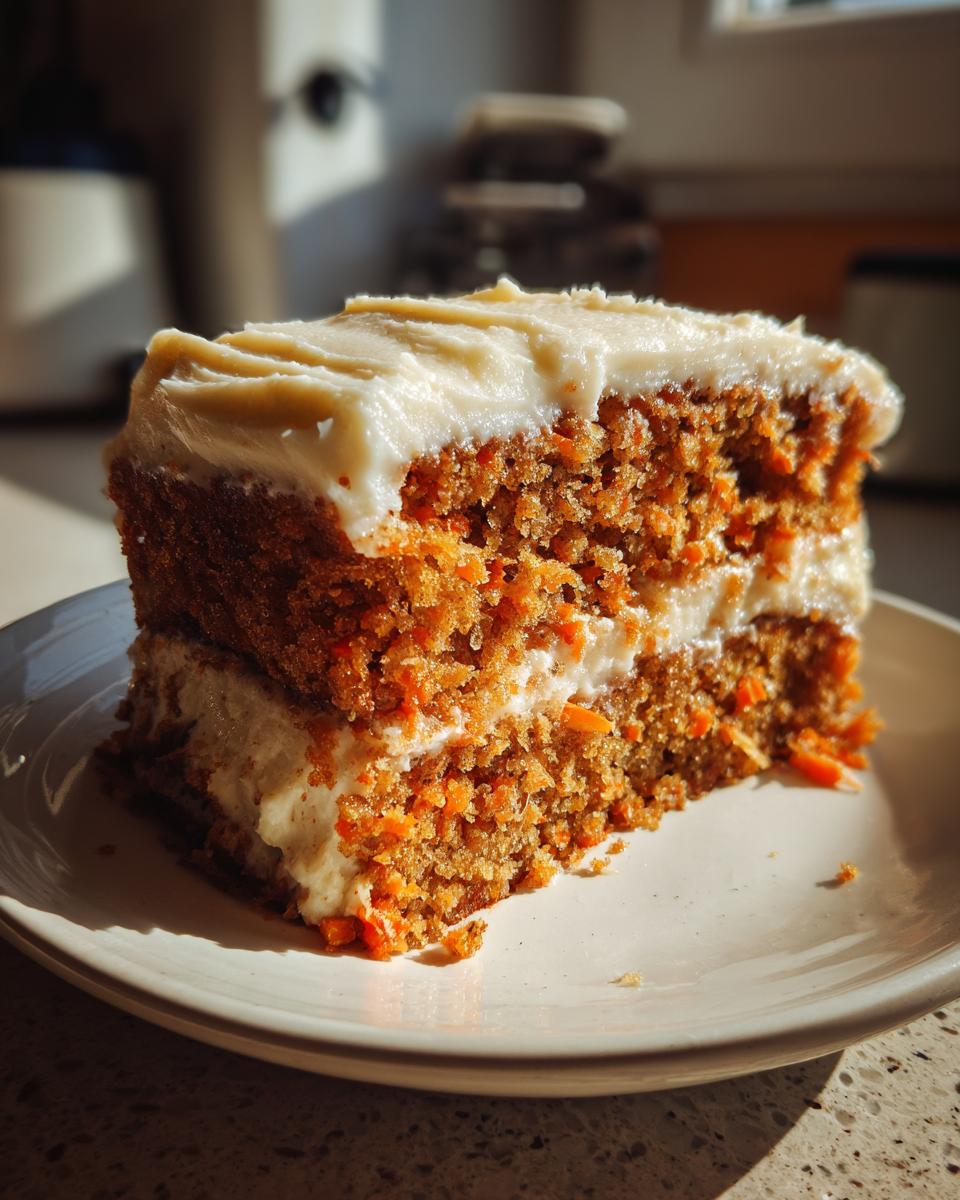 A close-up slice of moist carrot cake recipe showing visible shredded carrots and thick cream cheese frosting.