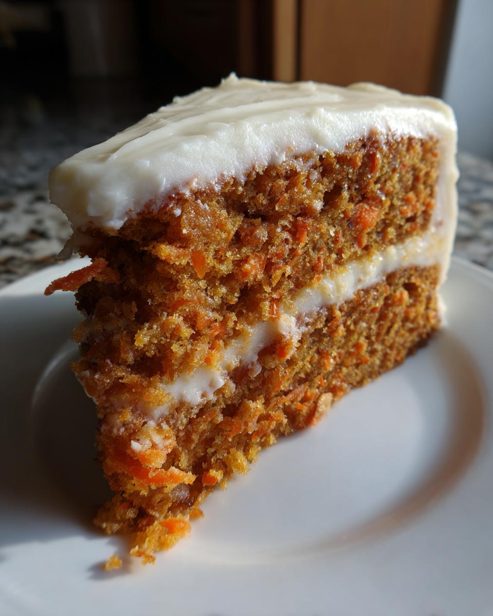 A thick slice of moist carrot cake recipe with two layers and generous cream cheese frosting.