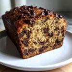 Close-up of a moist slice of chocolate chip banana bread loaded with melted chocolate chips.