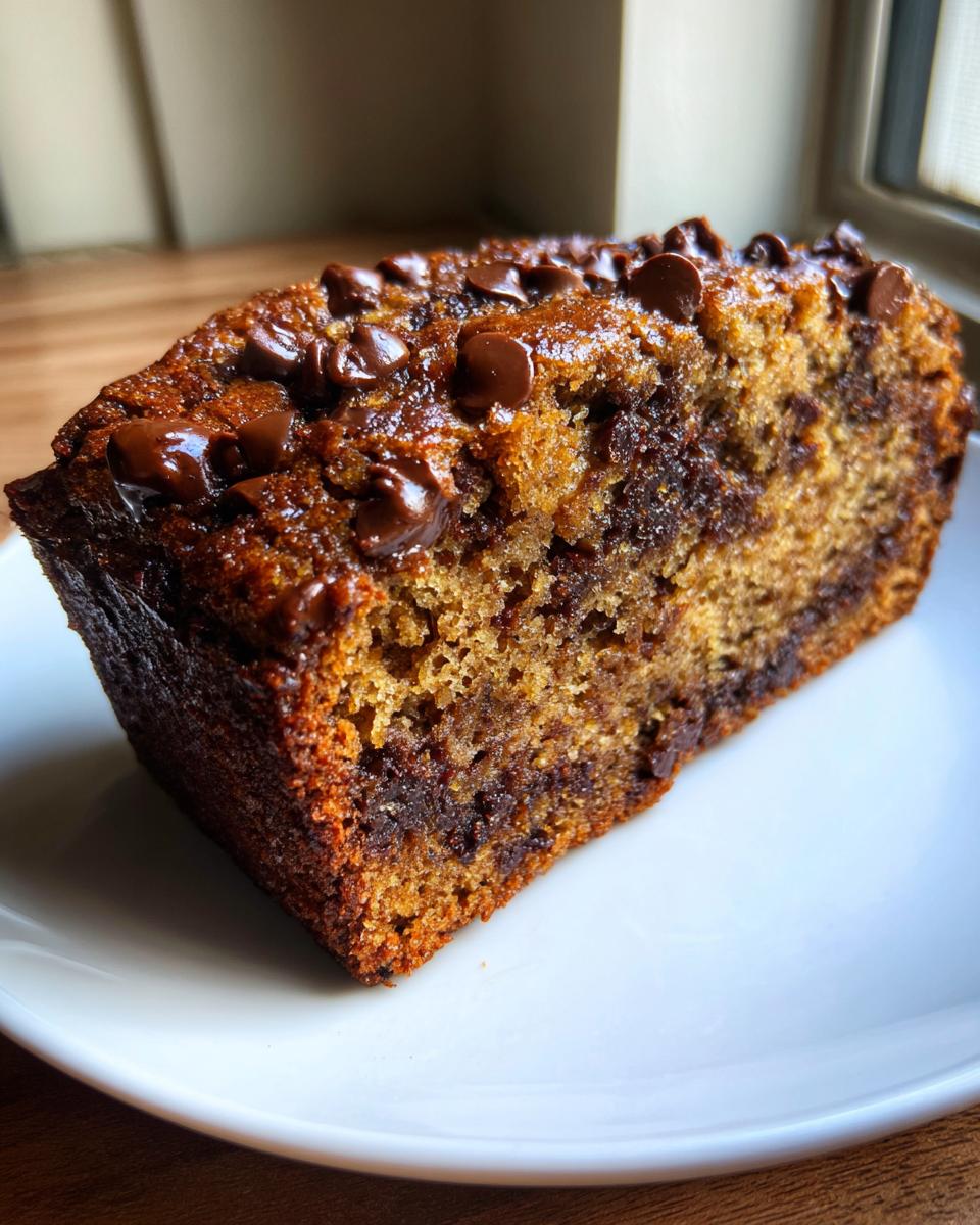 Close-up of a moist slice of chocolate chip banana bread topped with melted chips.