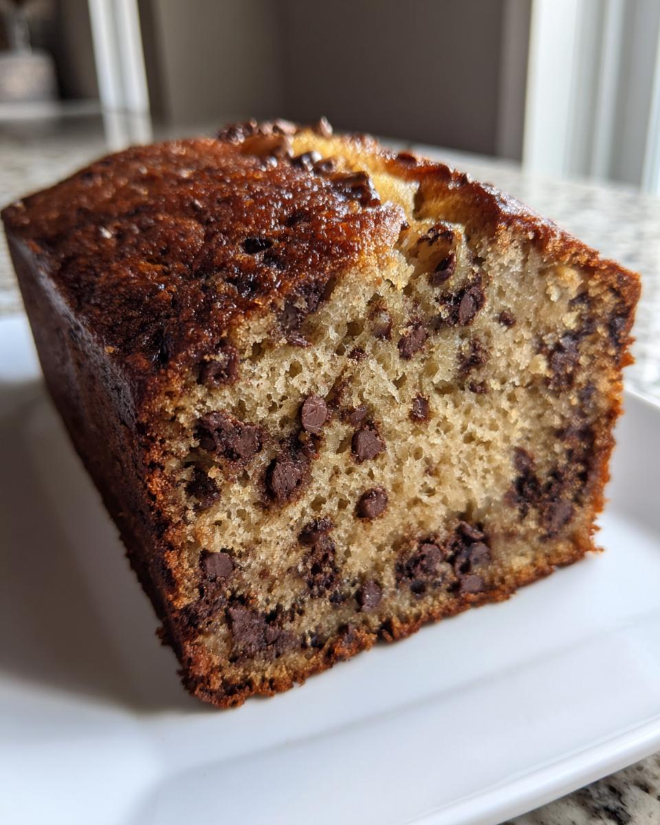 Close-up of a moist slice of chocolate chip banana bread showing rich chocolate chips throughout the crumb.