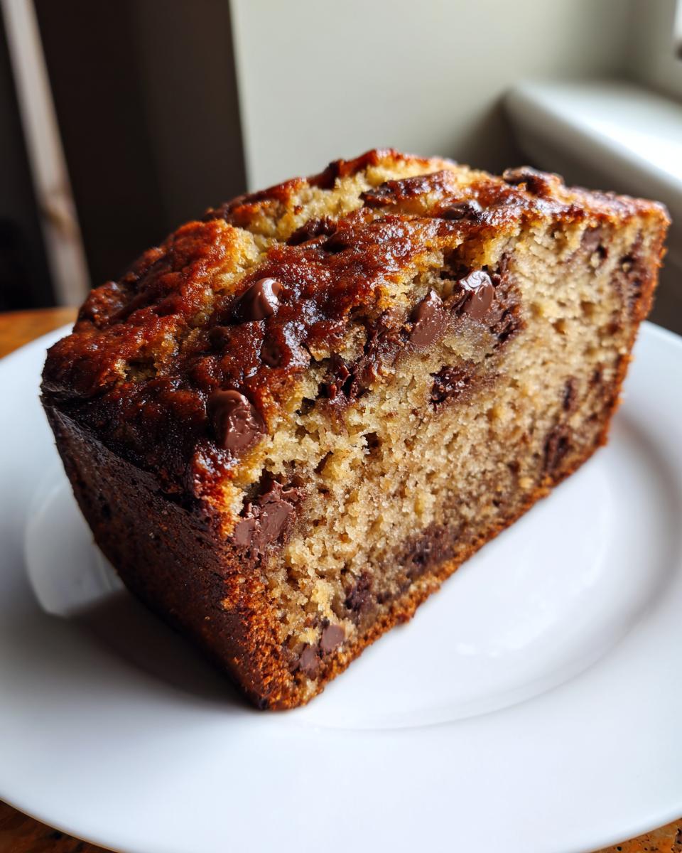 A thick, moist slice of homemade chocolate chip banana bread served on a white plate.