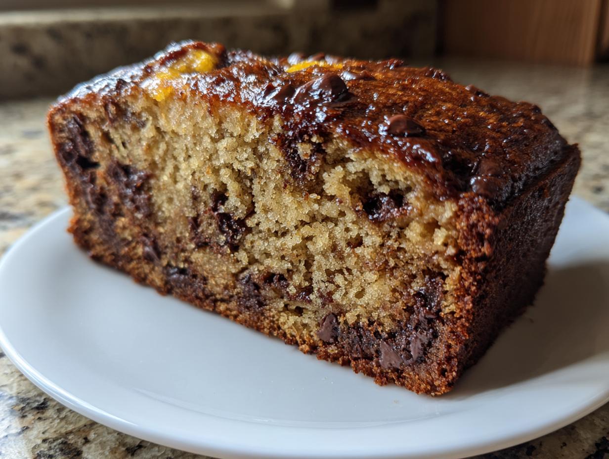 Close-up of a moist slice of chocolate chip banana bread showing rich texture and melted chocolate chunks.