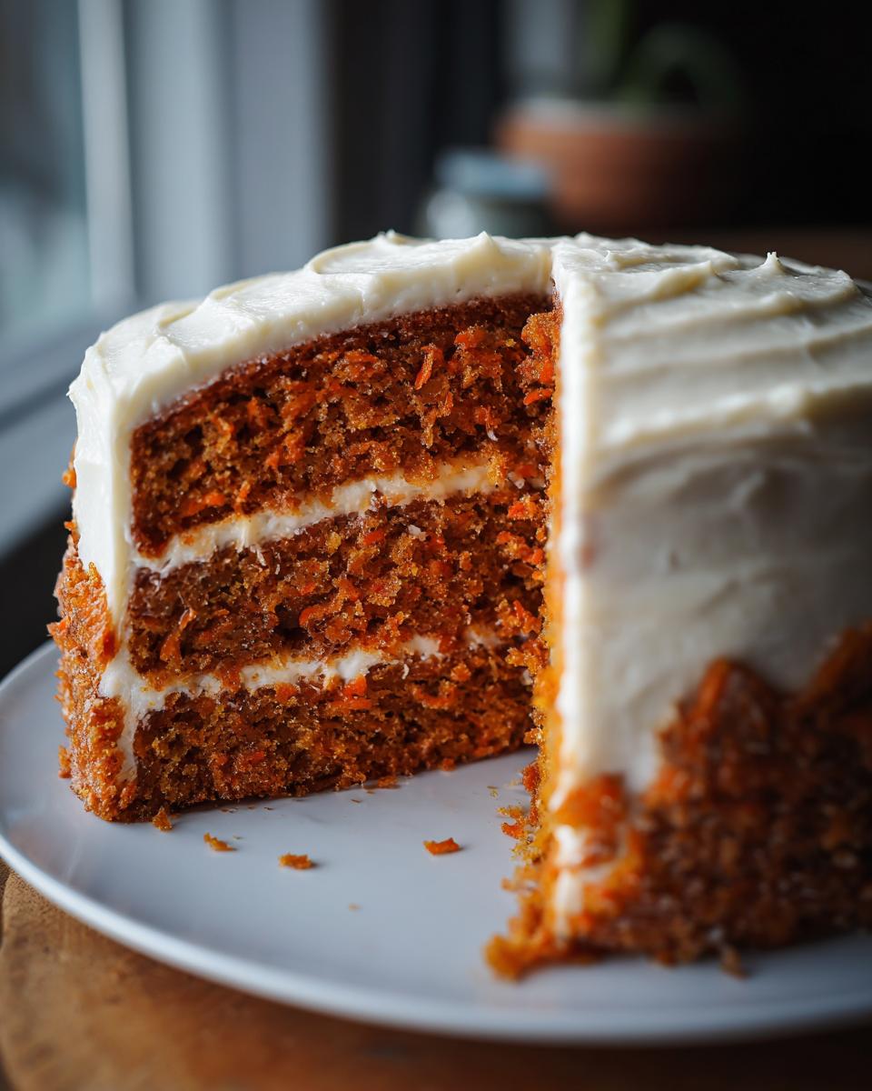 Close-up of a moist, layered carrot cake with thick cream cheese frosting, a slice has been removed.