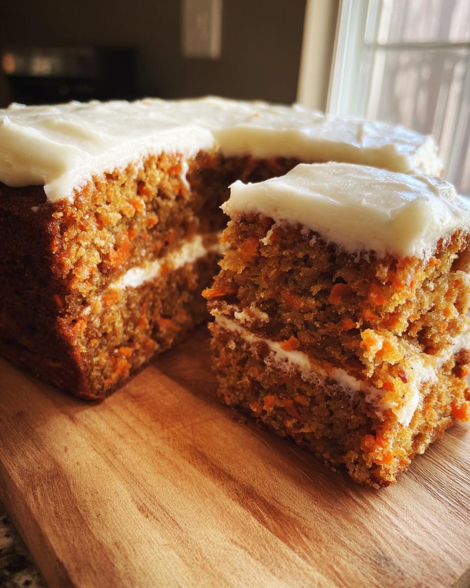 Close-up of a slice cut from a layered carrot cake topped with thick cream cheese frosting.