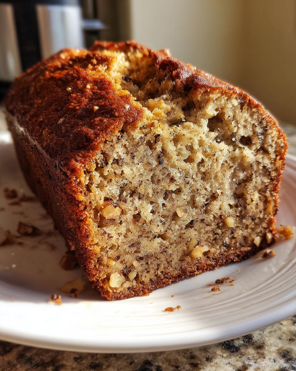 Close-up of a freshly baked slice of protein banana bread showing moist crumb and walnuts.