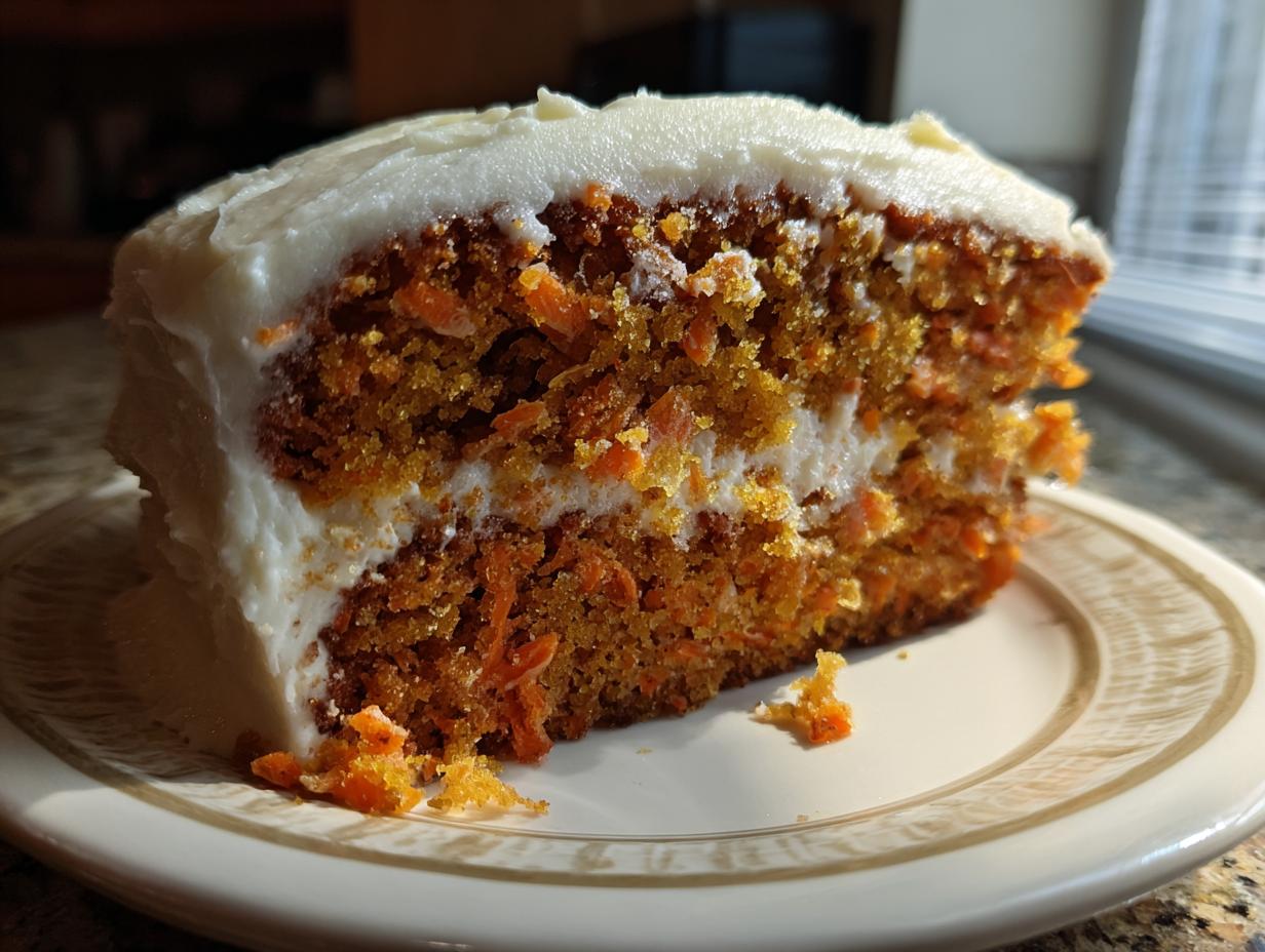 Close-up of a thick slice of moist carrot cake layered with cream cheese frosting.