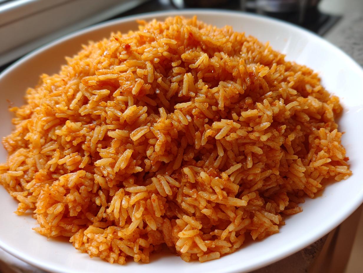A close-up shot of perfectly cooked, bright orange jollof rice piled high on a white plate.