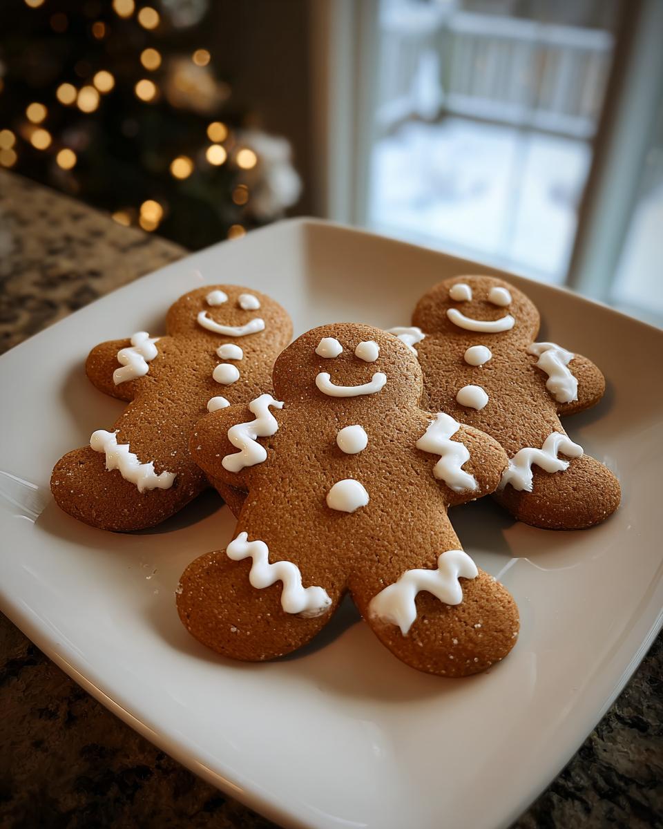 Three perfectly baked gingerbread cookies decorated with white icing smiles and buttons.