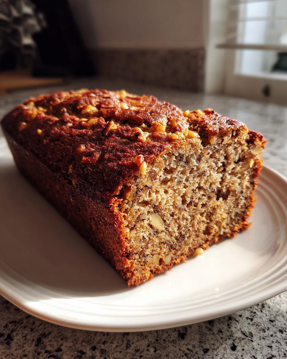 A freshly baked loaf of protein banana bread, sliced to show the moist interior and walnut topping, resting on a white plate.
