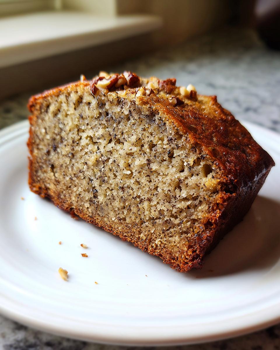 Close-up of a moist slice of protein banana bread topped with chopped walnuts on a white plate.